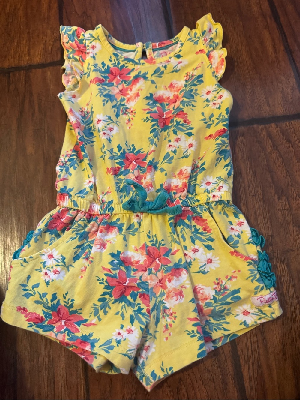 Girls ruffle butts Yellow Floral Romper with Teal Accents